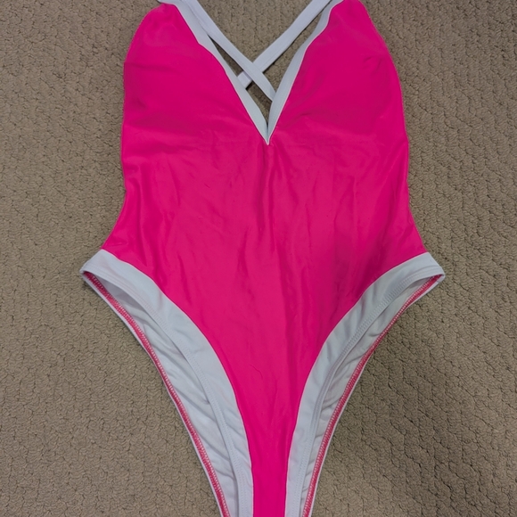 Pink and White Plunge V Neck Women's Swimsuit Size Large - Picture 3 of 4